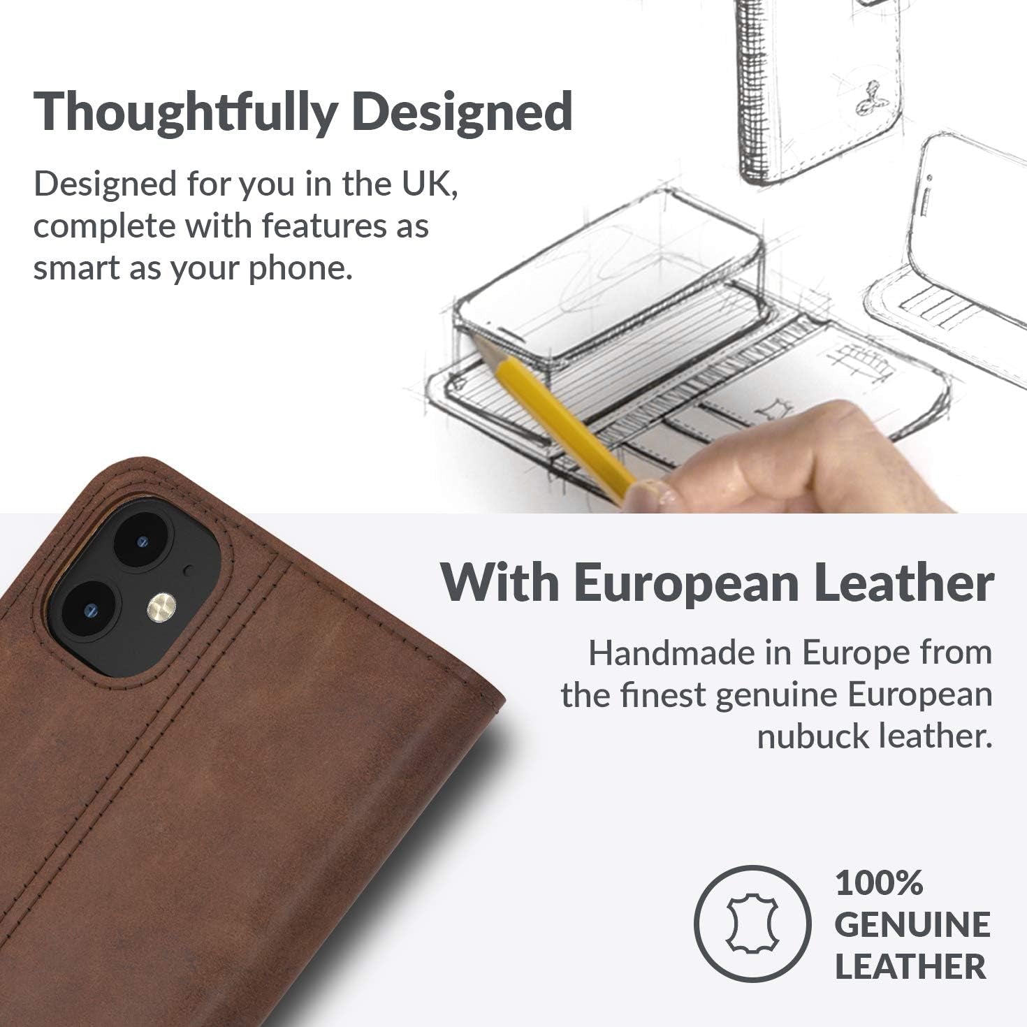 Leather Wallet for Iphone 12 || Genuine Leather Wallet Phone Case || Real Leather with Viewing Stand & 3 Card Holder || Flip Folio Cover with Card Slot (Brown)