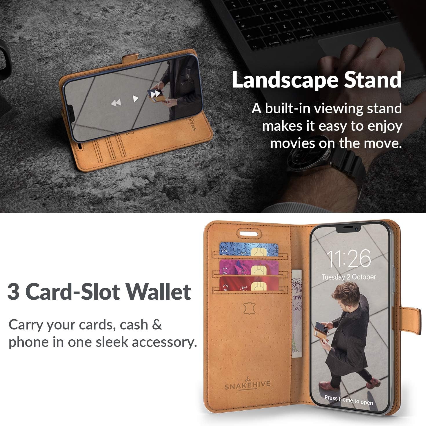 Leather Wallet for Iphone 12 || Genuine Leather Wallet Phone Case || Real Leather with Viewing Stand & 3 Card Holder || Flip Folio Cover with Card Slot (Brown)