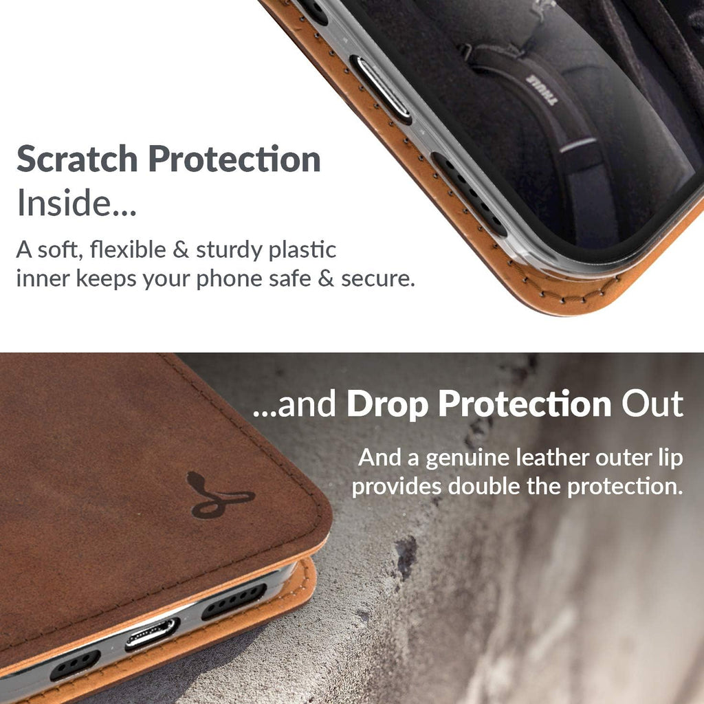 Leather Wallet for Iphone 12 || Genuine Leather Wallet Phone Case || Real Leather with Viewing Stand & 3 Card Holder || Flip Folio Cover with Card Slot (Brown)